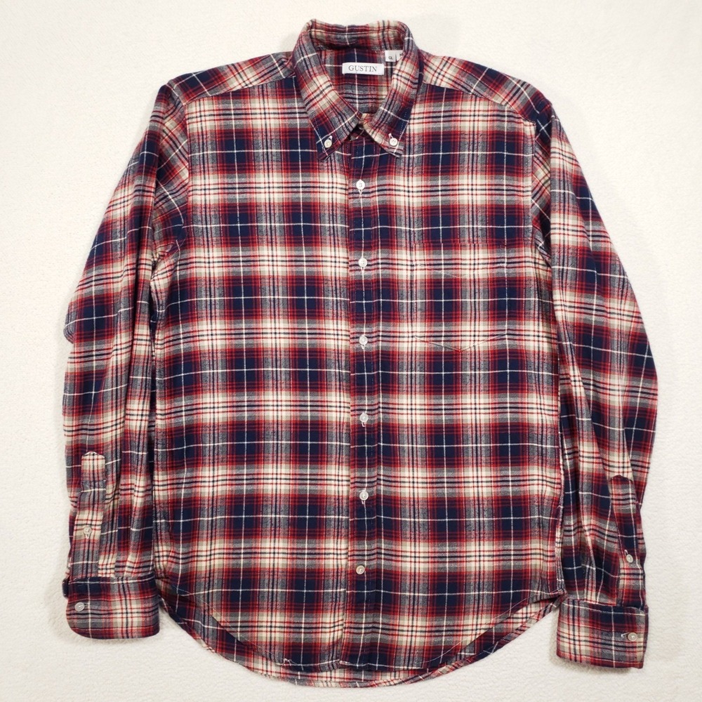 Gustin‎ Flannel Shirt Mens Medium Red Navy Blue Plaid Button Down USA Made